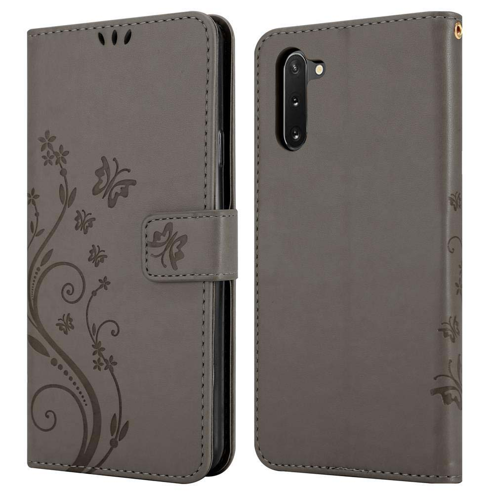 Graues Flip-Case mit Schmetterlingsmuster für ein Smartphone. Offen dargestellt.