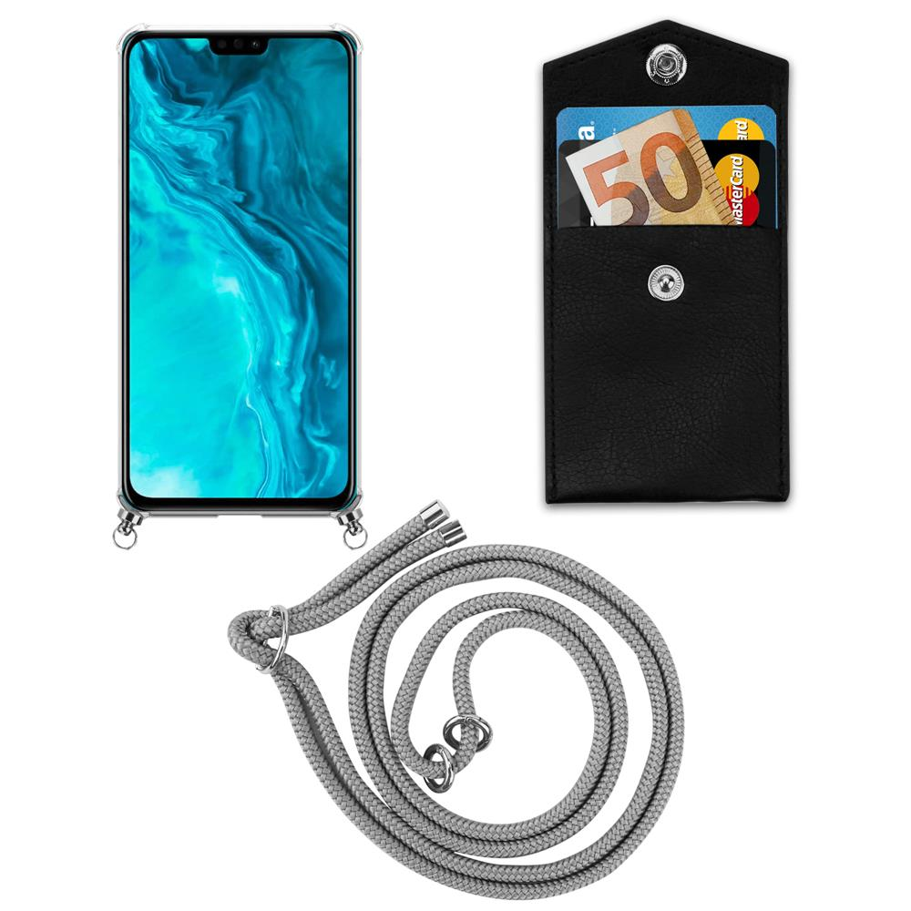 Smartphone con cinturino e tasca nera con banconota e carta.