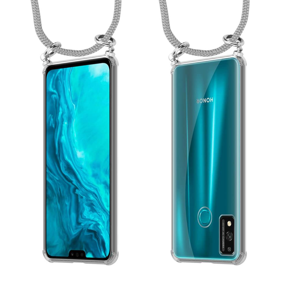 Uno smartphone in custodia trasparente con laccetto, vista frontale e posteriore.