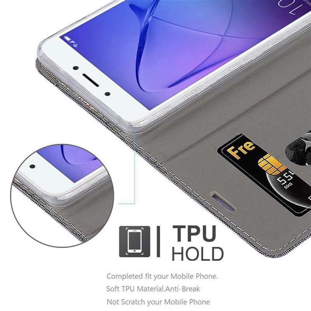 Graue Handyhülle mit Kartenfach und offenem Smartphone. Text: TPU HOLD.