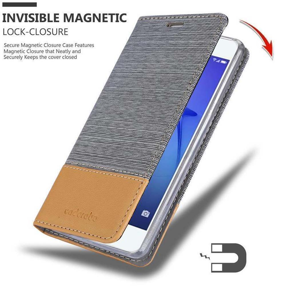 Graues Handyhülle mit braunem Lederdetail und Magnetverschluss.