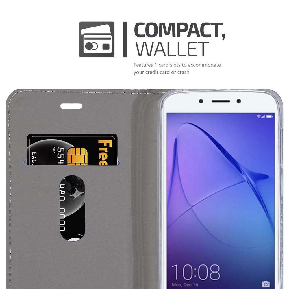 Graues Wallet-Etui mit Einsteckfächern für Karten und einem Smartphone.