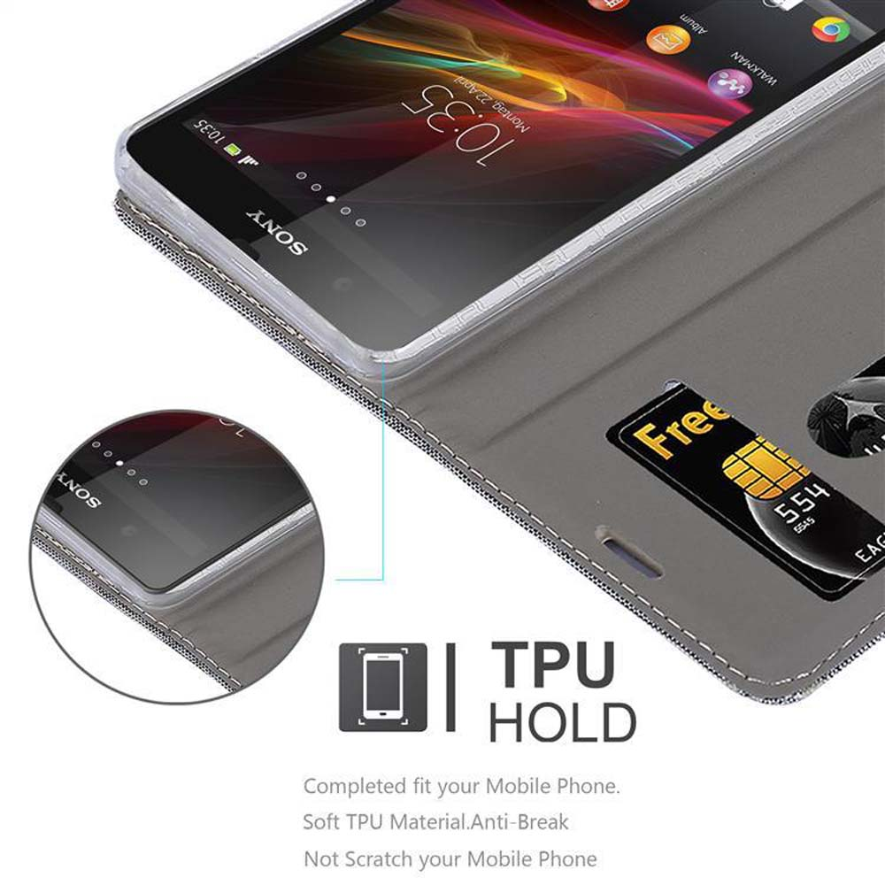Custodia grigia per telefono con telefono Sony che mostra ora e data.