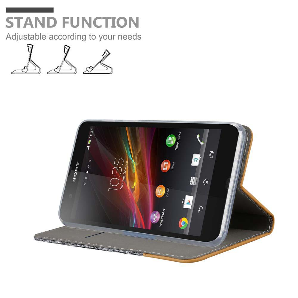 Smartphone Sony in custodia marrone che funge da supporto.