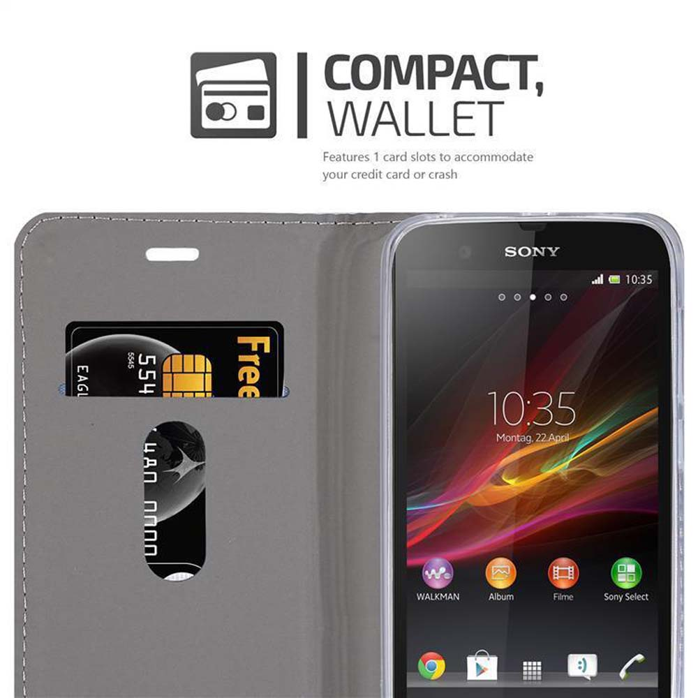 Custodia a portafoglio grigia con telefono, mostra slot per carte e schermo telefono Sony.