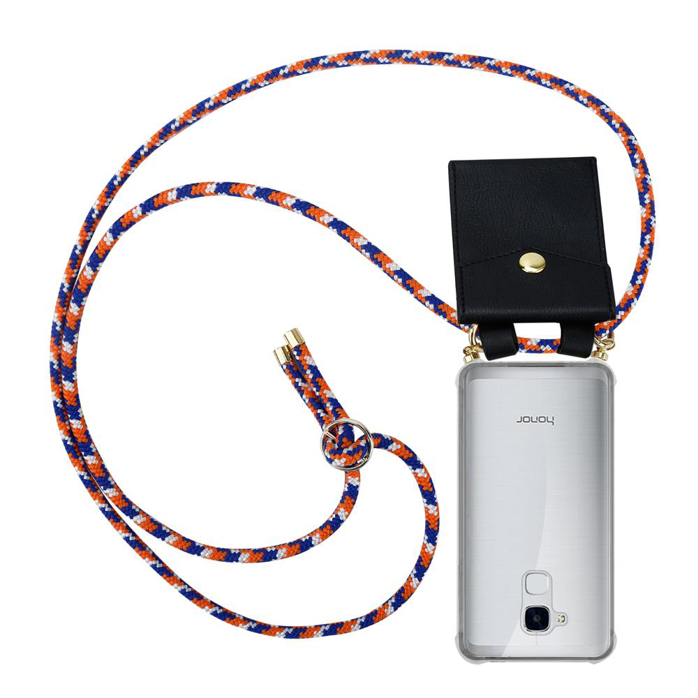 Handyhülle mit Band: Schwarze Tasche, silbernes Handy, blau-orange-weißes Band.
