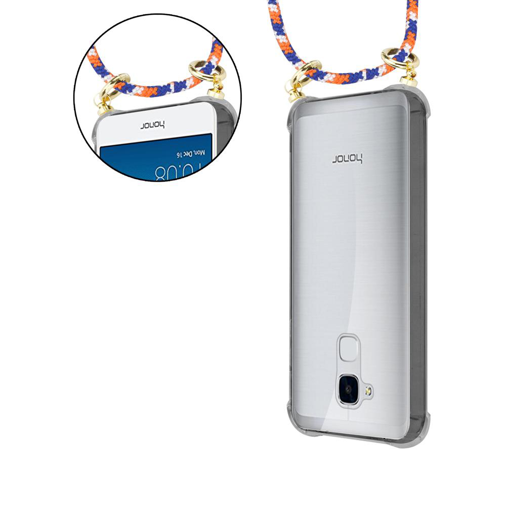 Ein durchsichtiges Handyhülle mit einem geflochtenen Band in Blau und Orange über einem Honor-Telefon.