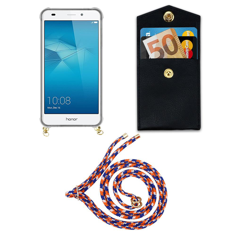 Ein Smartphone mit einer Handyhülle, einer schwarzen Brieftasche mit Karten und Geld und einer Schnur.