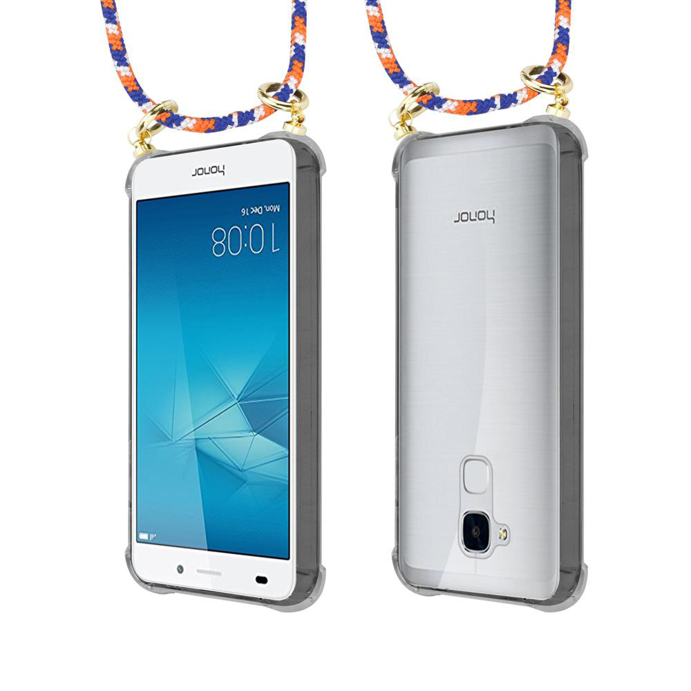 Zwei Smartphones mit Trageschlaufe. Eines zeigt den Bildschirm, das andere die Rückseite.