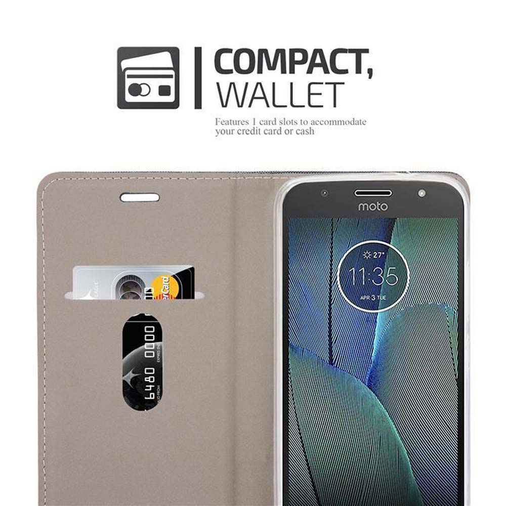Graue Brieftasche mit 1 Kartenslot und einem Smartphone mit Uhrzeit.