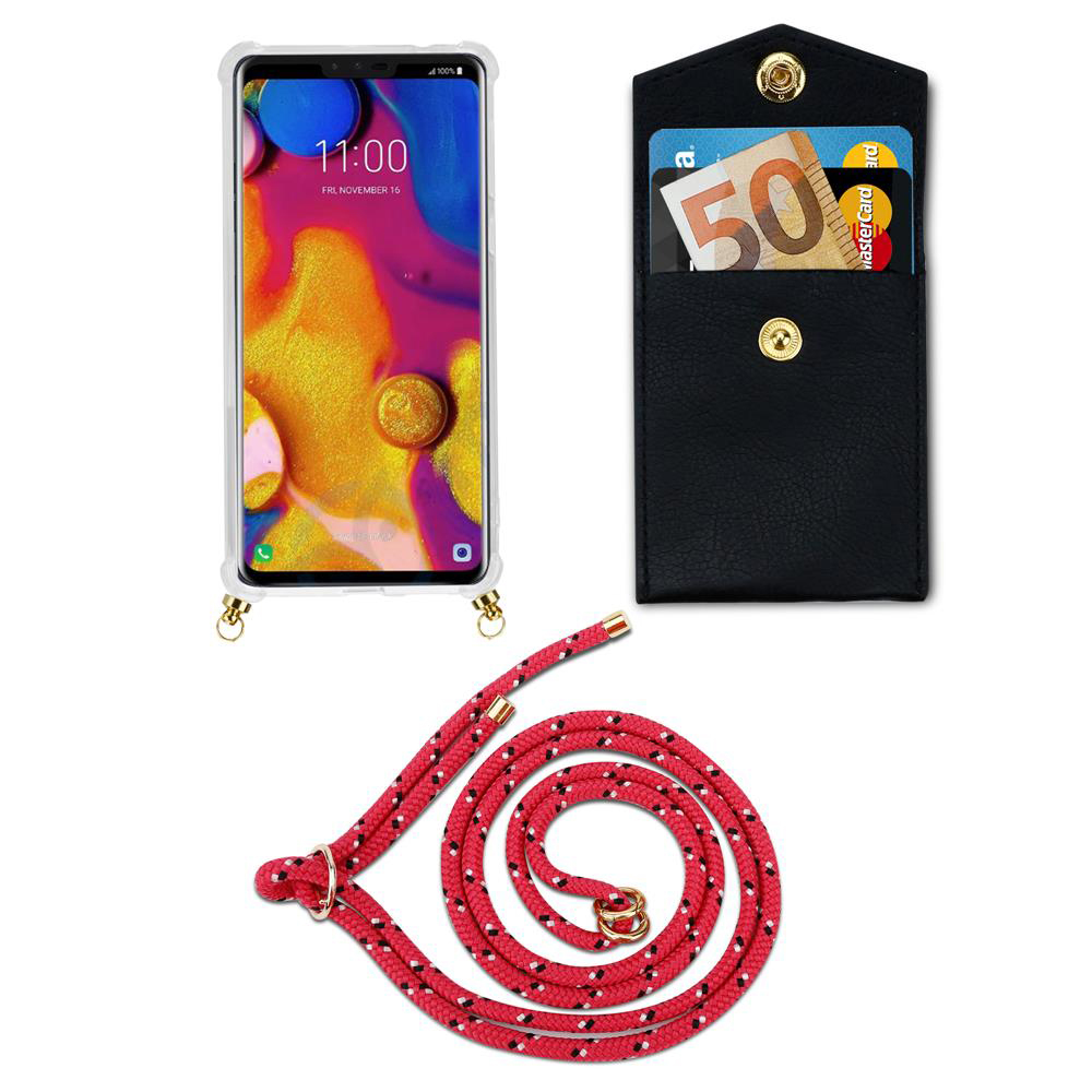 Smartphone mit Hülle, Geldbörse mit Geld und Karten, rotes Seil.