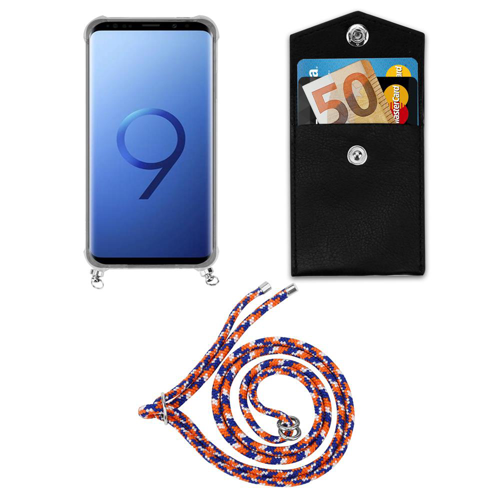 Smartphone in custodia, borsetta nera con soldi e carta, e cordino.