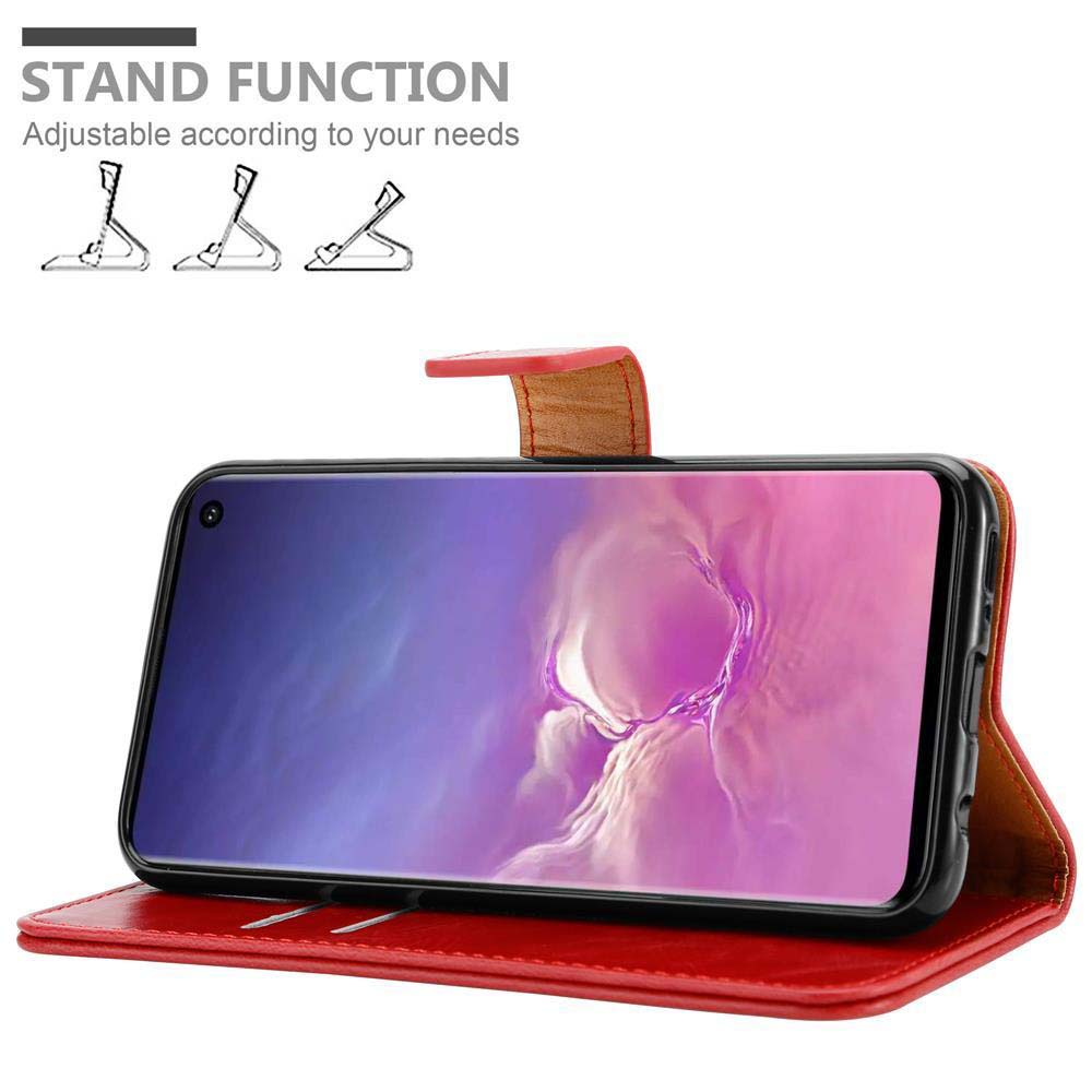 Custodia rossa per telefono aperta, mostra uno smartphone con sfondo viola.
