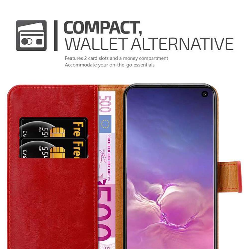 Portafoglio rosso con telefono, carte e banconota da 500 euro.