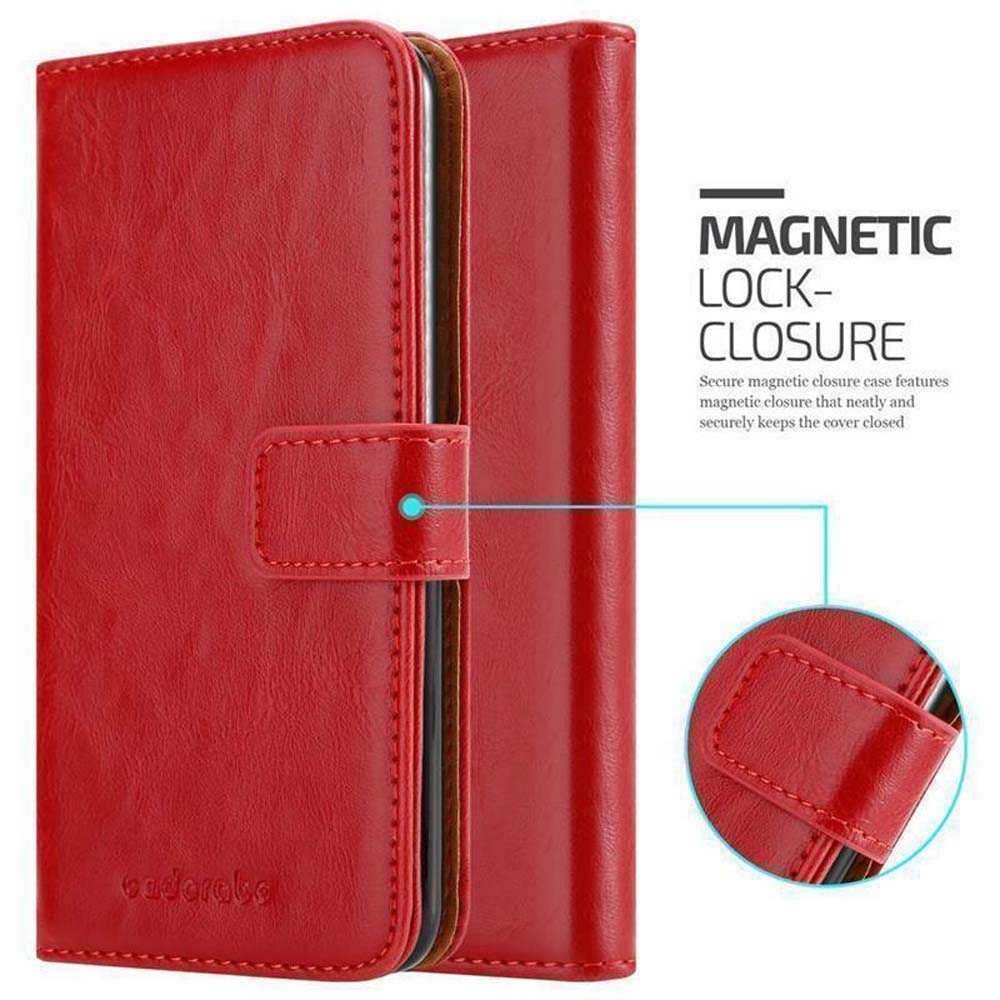 Custodia rossa per telefono con chiusura magnetica e logo.