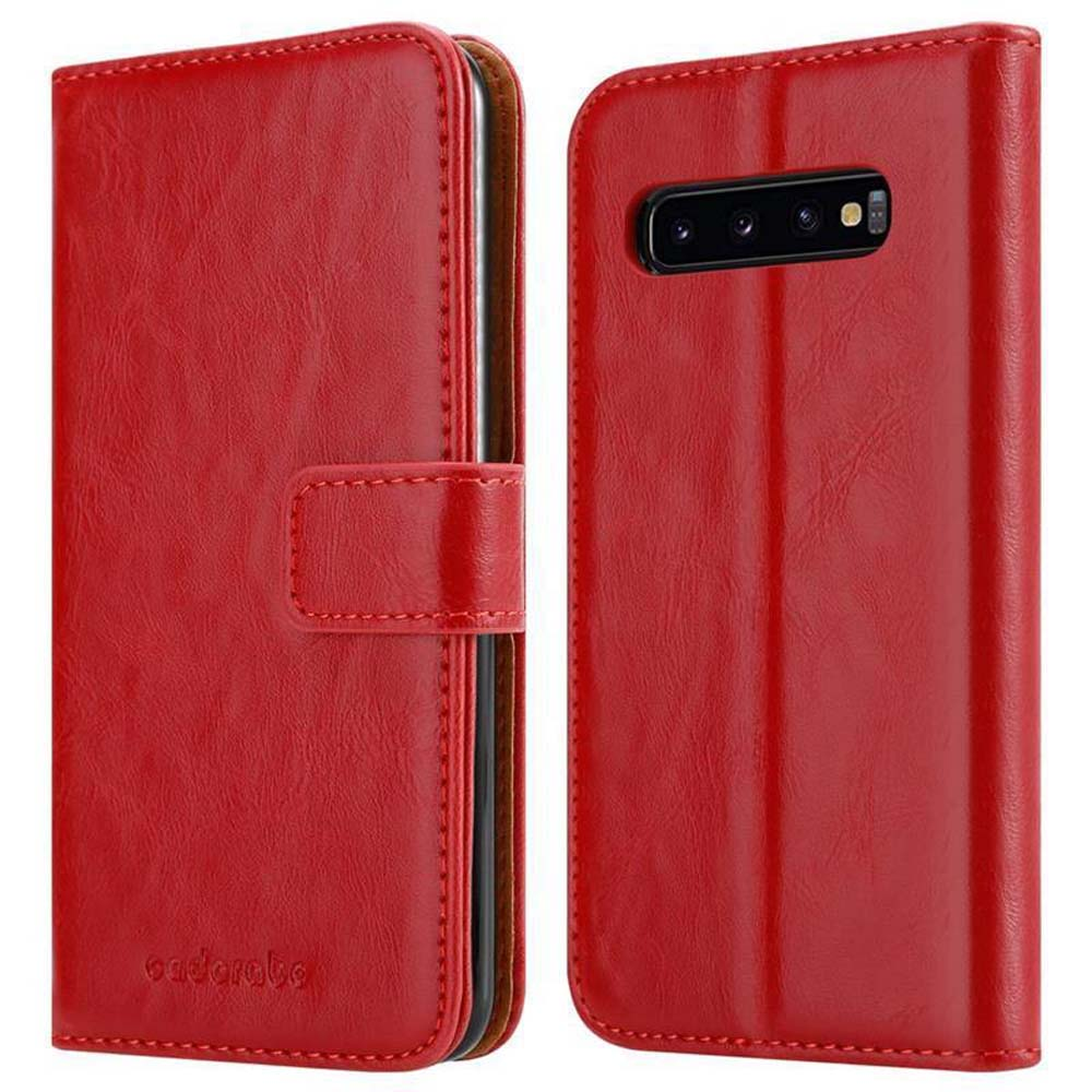 Custodia rossa in pelle per smartphone, aperta, con ritaglio fotocamera.