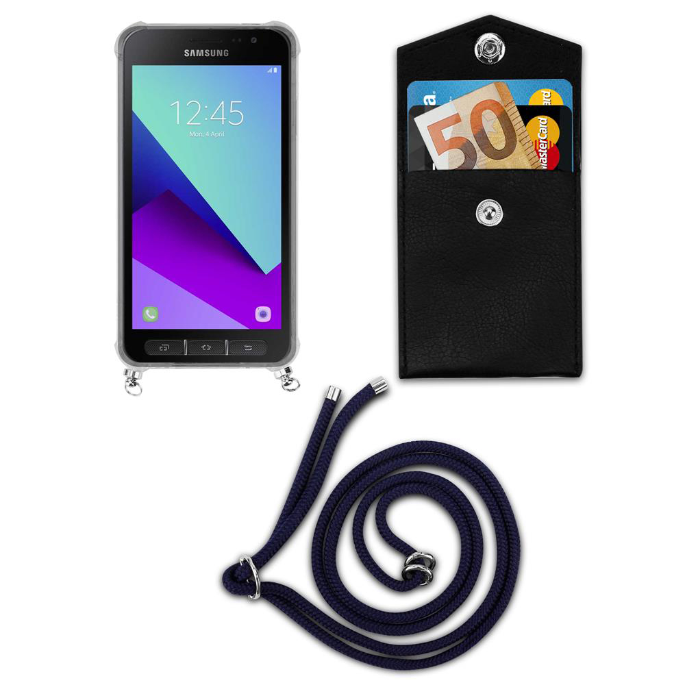 Uno smartphone Samsung, un portafoglio nero con soldi e carta, e un cordino.