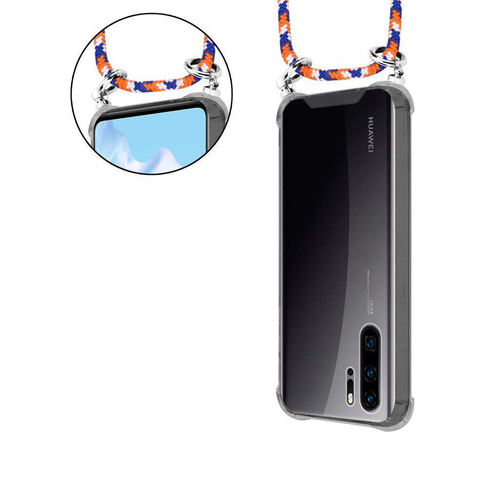 Smartphone mit transparentem Case und Lanyard, wei und orange.