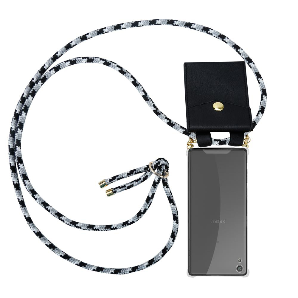 Schwarze Smartphone-Hülle mit Umhängeband, Kordel mit grauen und weißen Mustern.