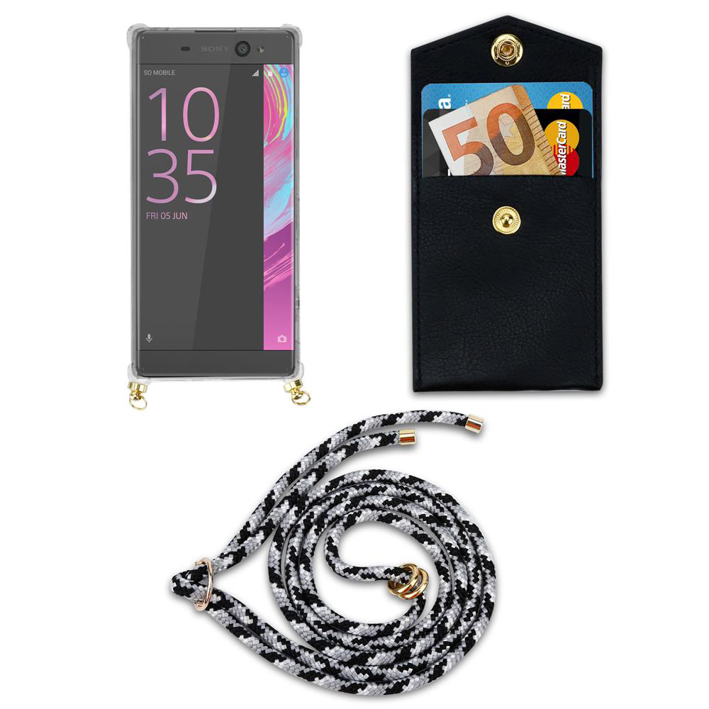 Ein Smartphone mit Hülle, eine schwarze Brieftasche mit Karten und Geld, und eine Kordel.
