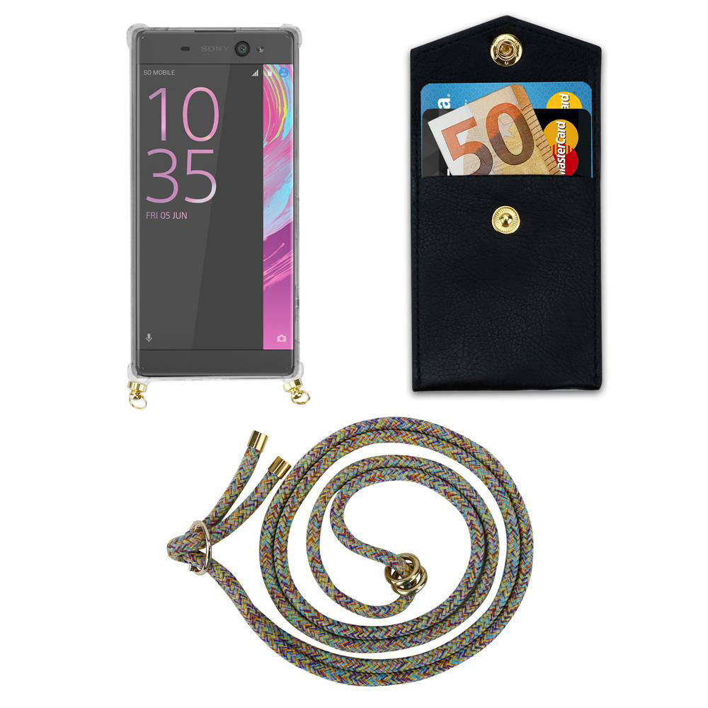 Smartphone mit Hülle, Kartenetui mit Geld und Karte, bunte Lanyard.