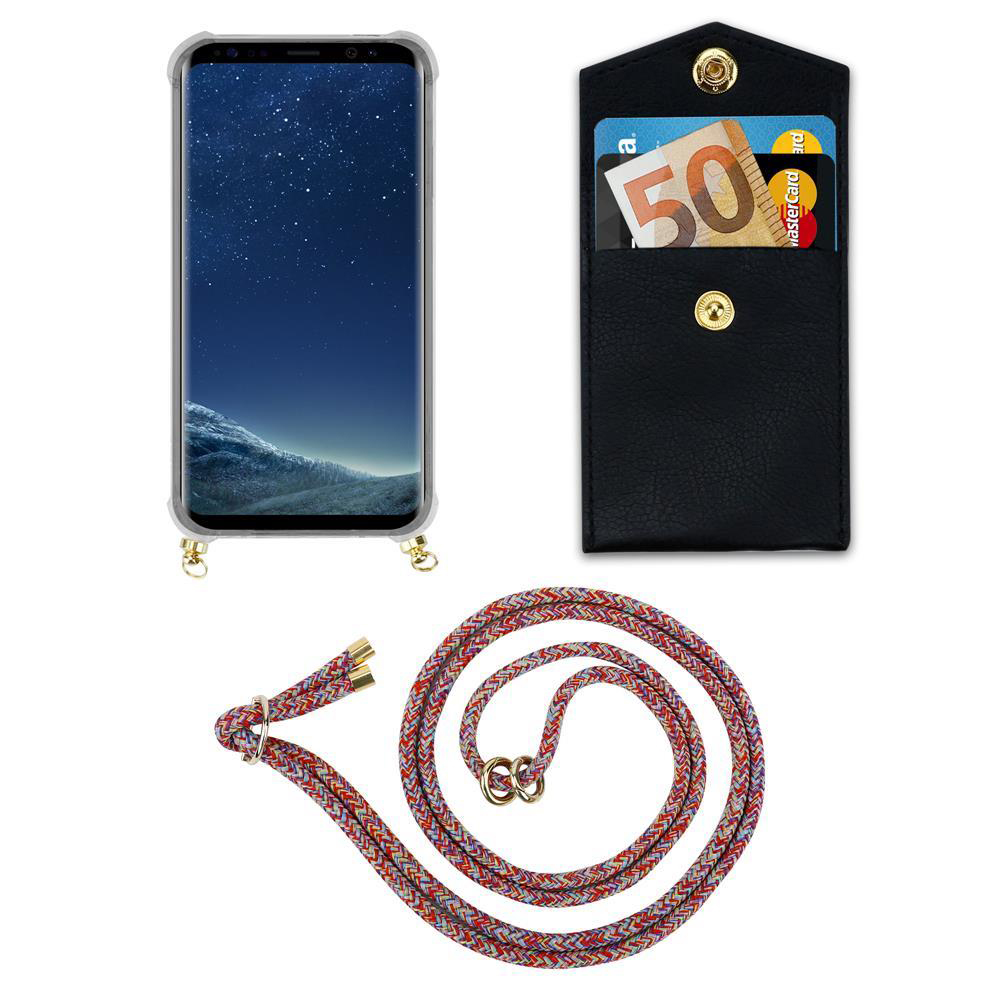 Smartphone mit Hülle, Geldbörse mit Geld und Karte, und eine bunte Kordel.