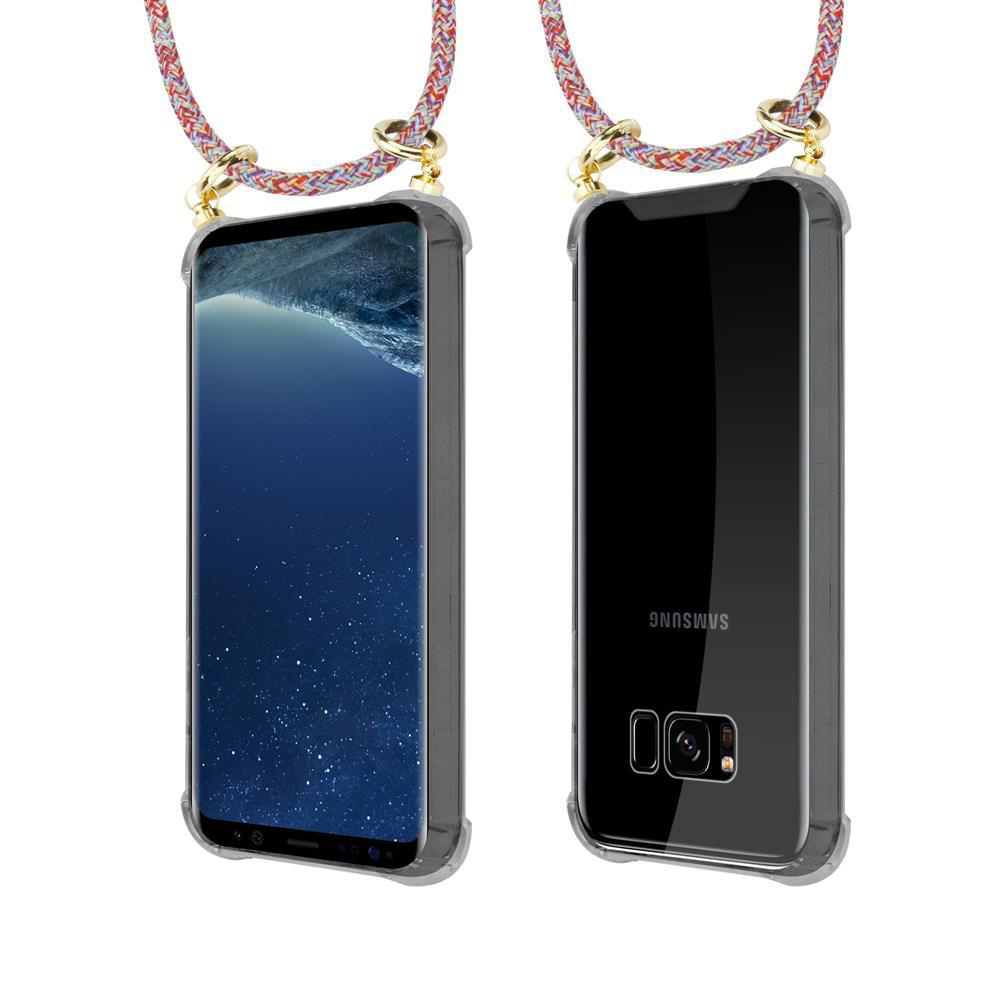 Zwei Smartphones in transparenten Hüllen mit bunten Tragebändern.