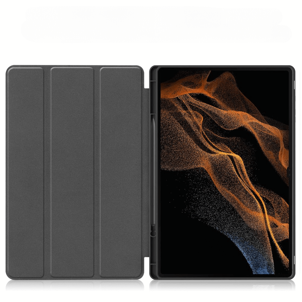 Ein graues Tablet mit einer geöffneten Hülle und einem Stift daneben.