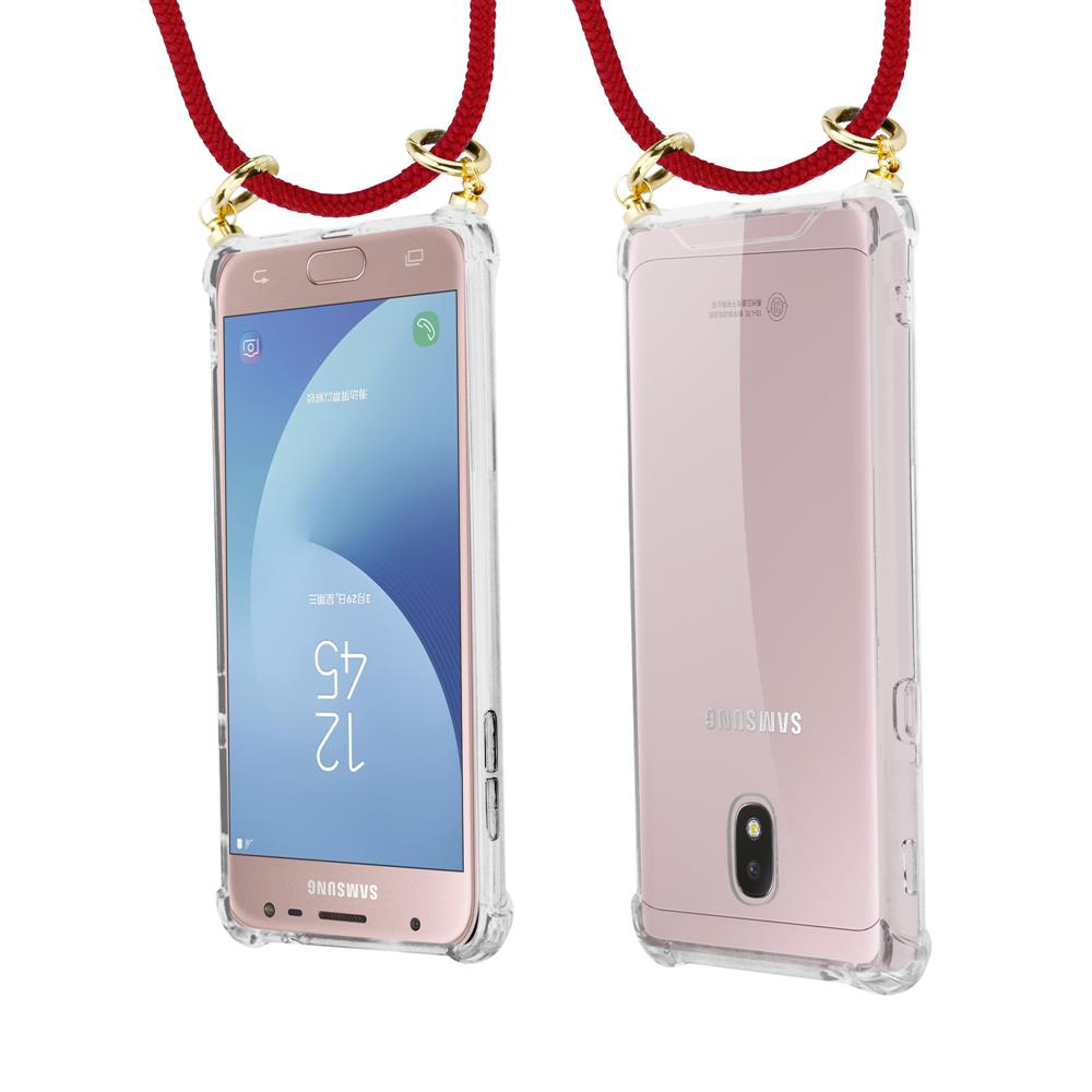 Due smartphone Samsung rosa in custodie trasparenti pendono da cordoni rossi.