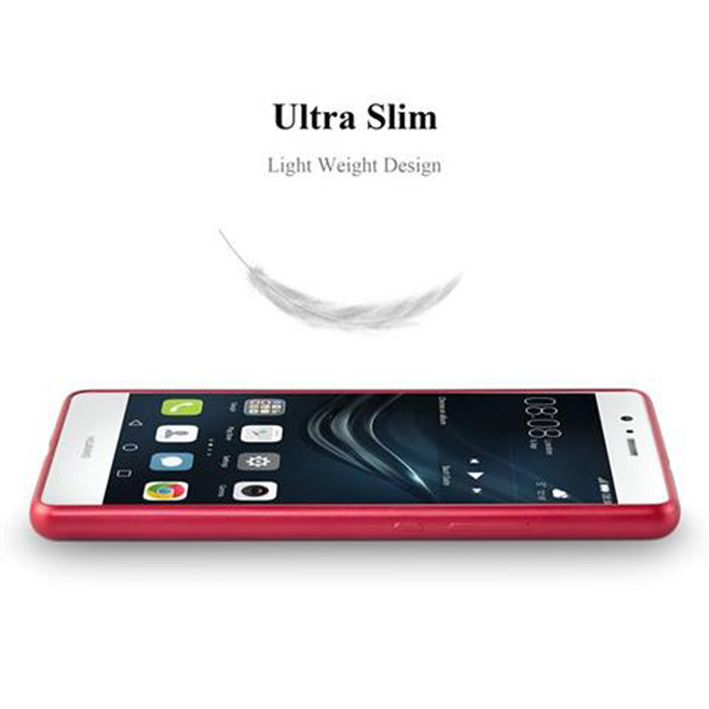 Ein schlankes, rotes Smartphone mit einem Feder-Symbol und dem Text "Ultra Slim".
