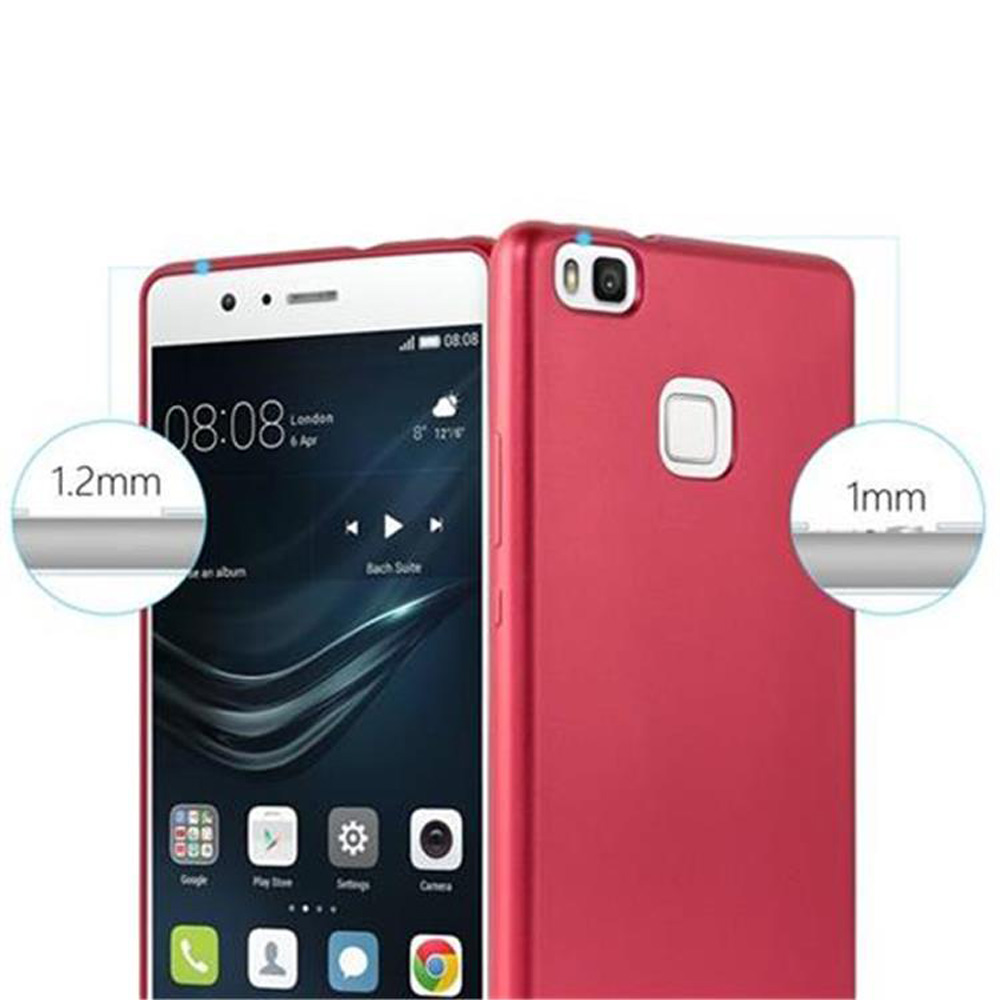Zwei rote Smartphones nebeneinander, eins mit Bildschirm, das andere mit Rückseite.