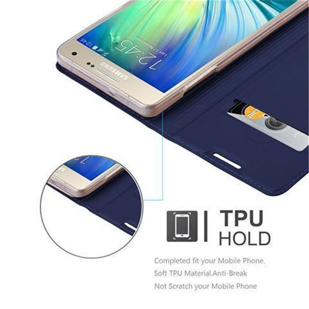 Ein blaues Handy-Etui mit einem Samsung-Telefon und einer Karte im Steckplatz.