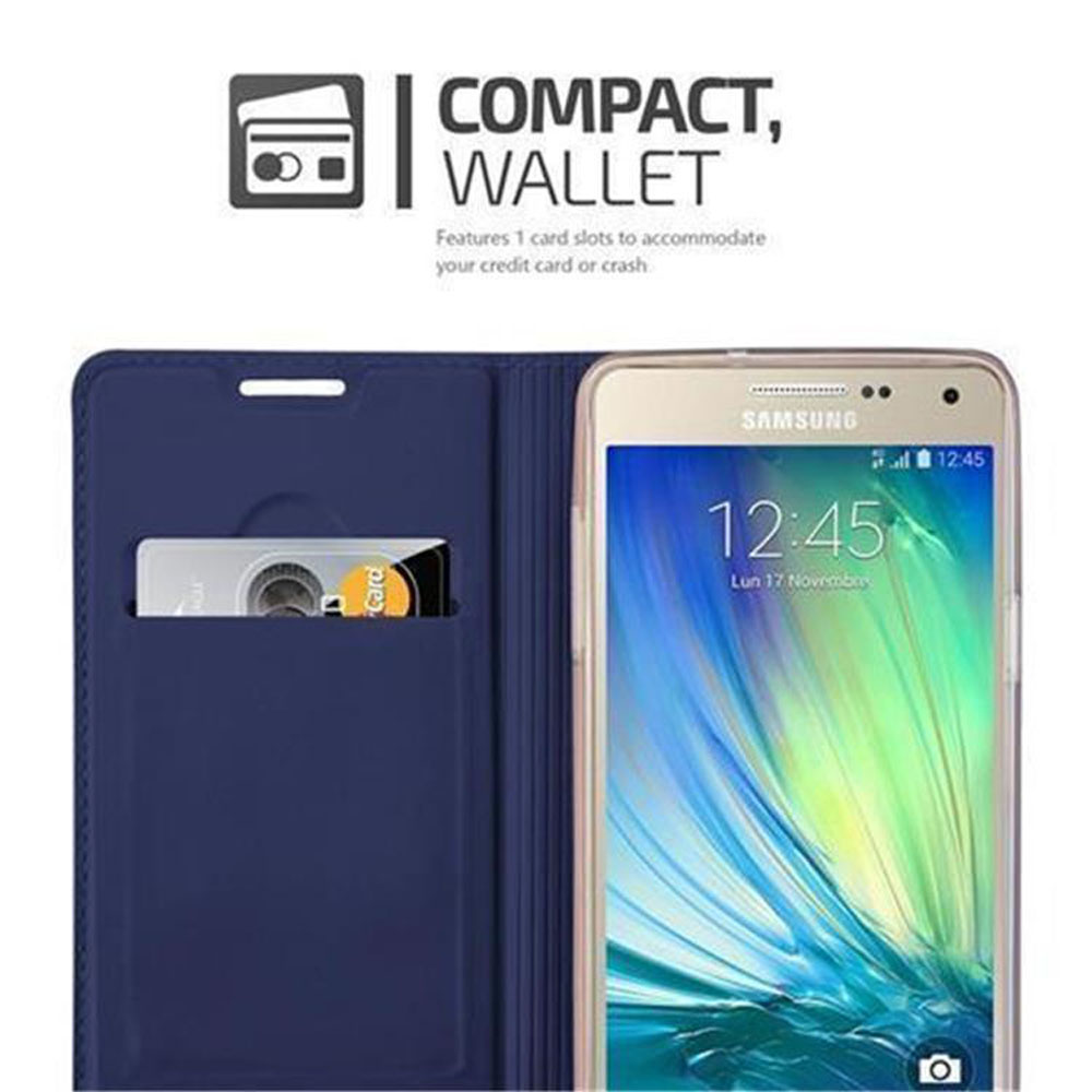 Dunkelblaues Wallet-Etui mit einer Karte und einem Samsung-Smartphone.