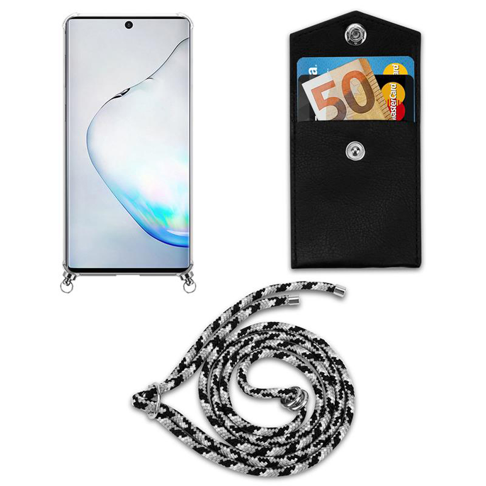 Uno smartphone in una custodia con laccetto e una tasca nera con soldi e carte.