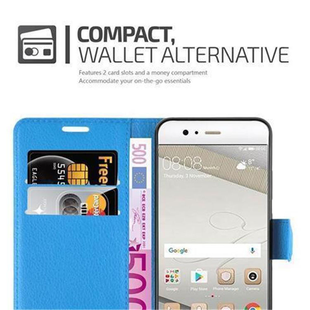 Custodia a portafoglio blu con slot per carte e smartphone che mostra le 08:08.