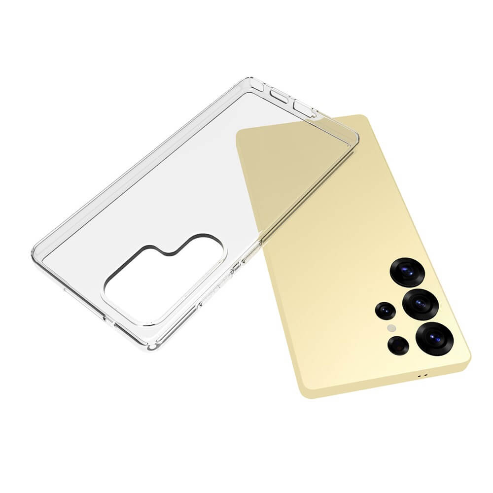 Una cover trasparente per telefono giace accanto a uno smartphone giallo con tre obiettivi.