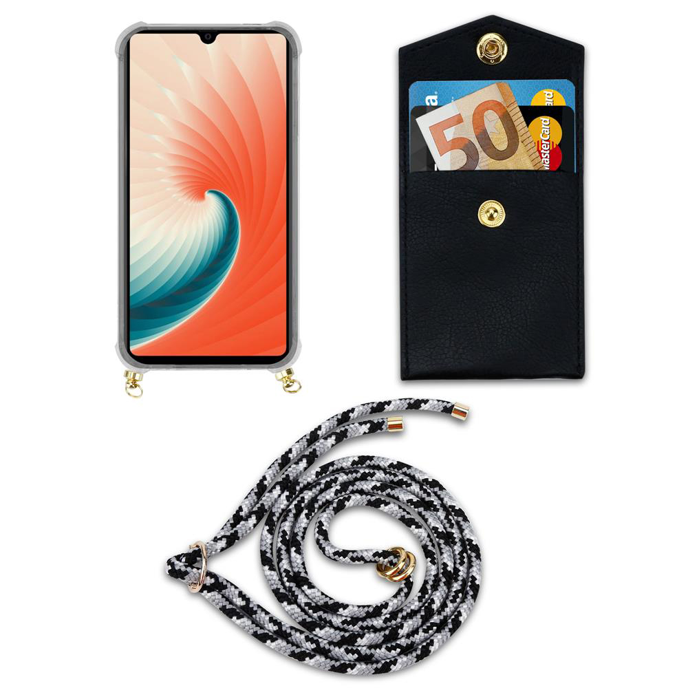 Custodia trasparente per telefono con sfondo colorato, portafoglio nero con carte e cinturino arrotolato.