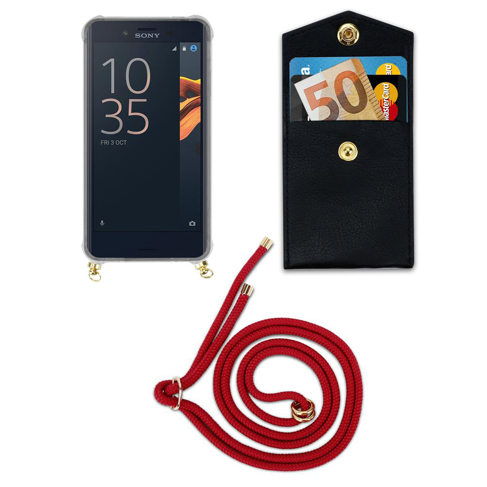 Smartphone con funda, cartera negra con tarjetas y billete de 50€, cordón rojo.