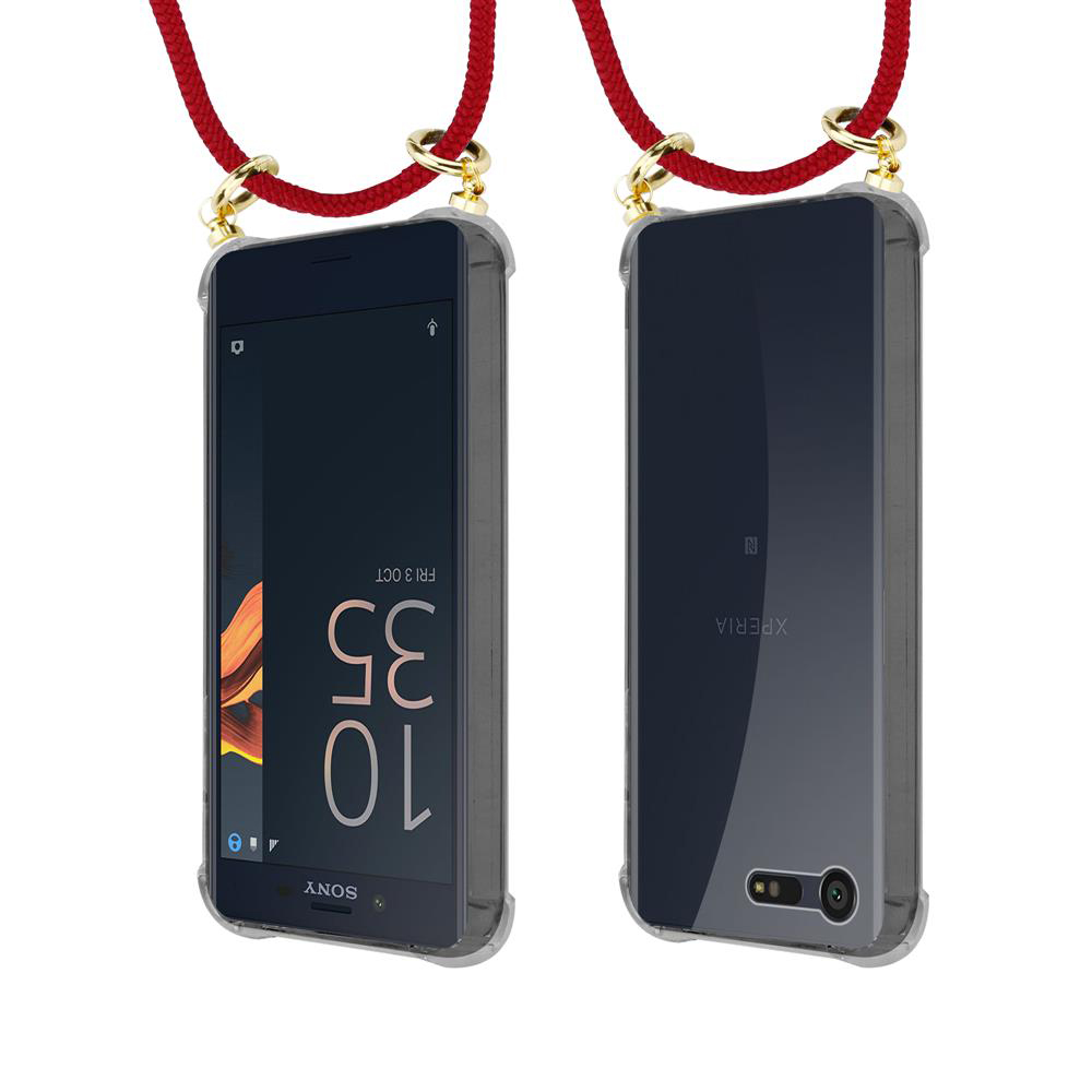 Dos smartphones en fundas transparentes con enganches de cordón rojos, fondo blanco.