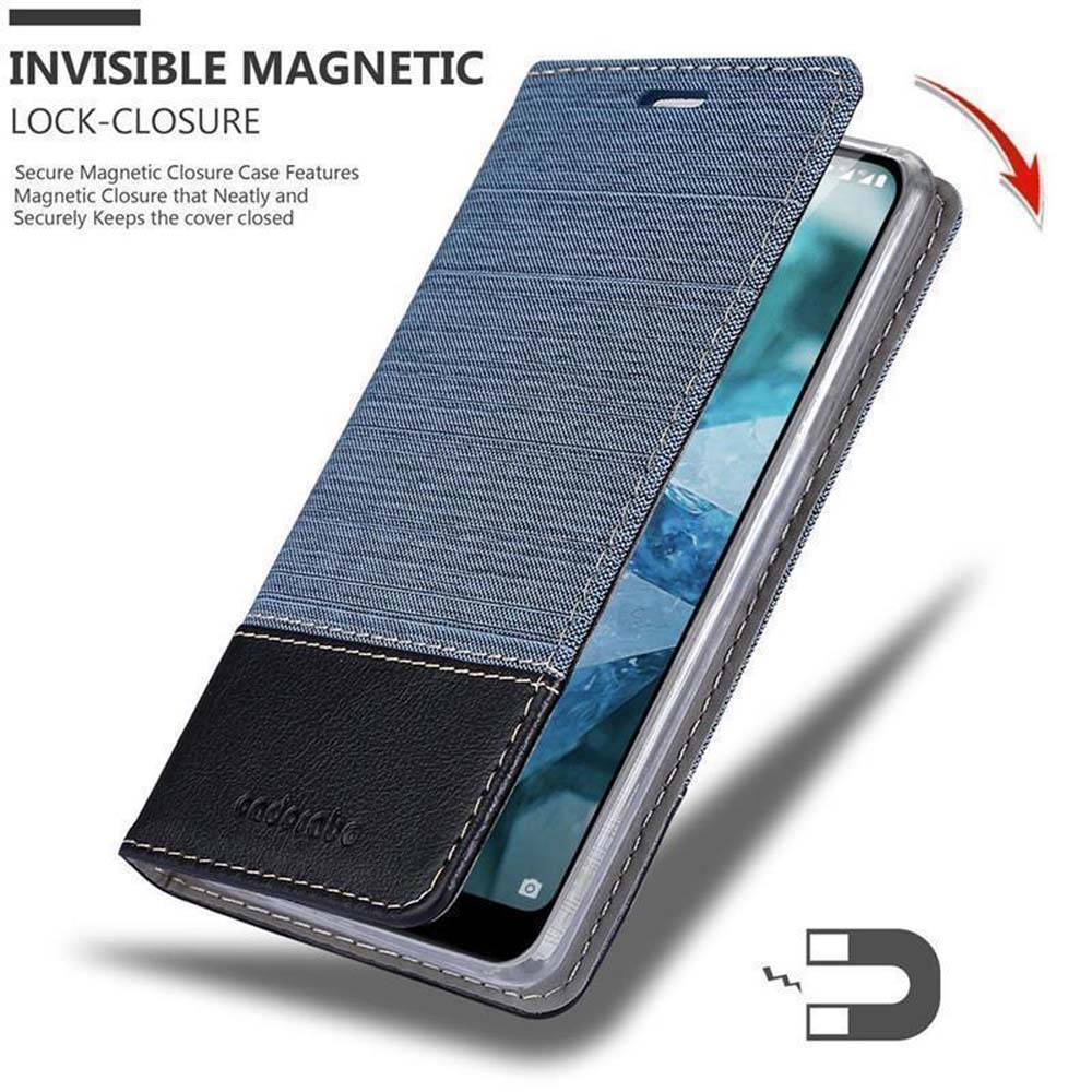 Blaue und schwarze Handyhülle mit magnetischem Verschluss.