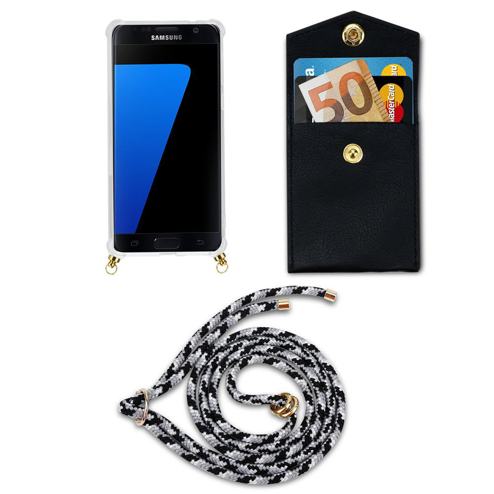 Un Samsung in custodia trasparente, un portafoglio nero con soldi e carte, e un laccio.