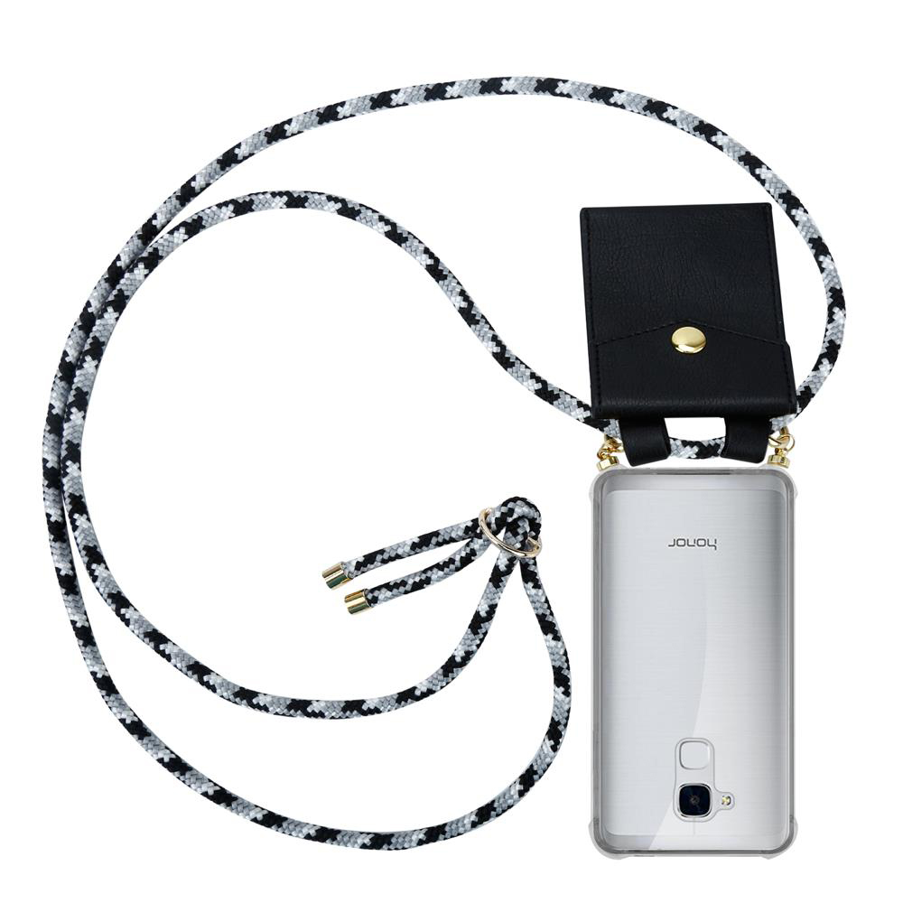Ein schwarzes und graues Handy-Lanyard mit einer kleinen schwarzen Tasche und einem transparenten Handy.