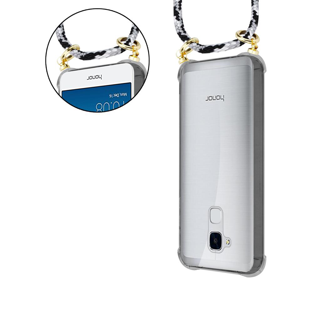 Ein Smartphone mit einem transparenten Gehäuse und einem schwarz-weißen Lanyard.
