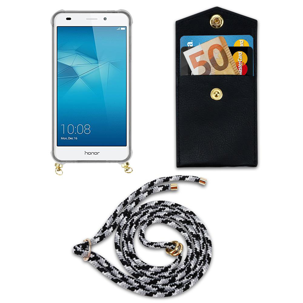 Smartphone mit Hülle, schwarzes Etui mit Karten und Euro-Schein, Kordel.