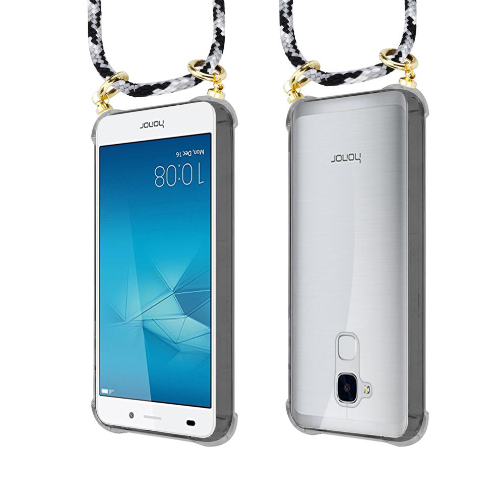 Ein Smartphone mit einer Trageschlaufe, Vorder- und Rückansicht.
