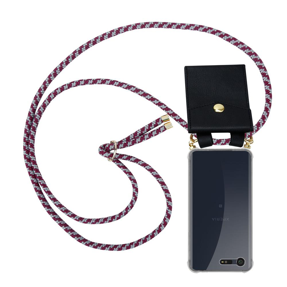 Funda negra de cuero con cordón para un smartphone sobre fondo blanco.