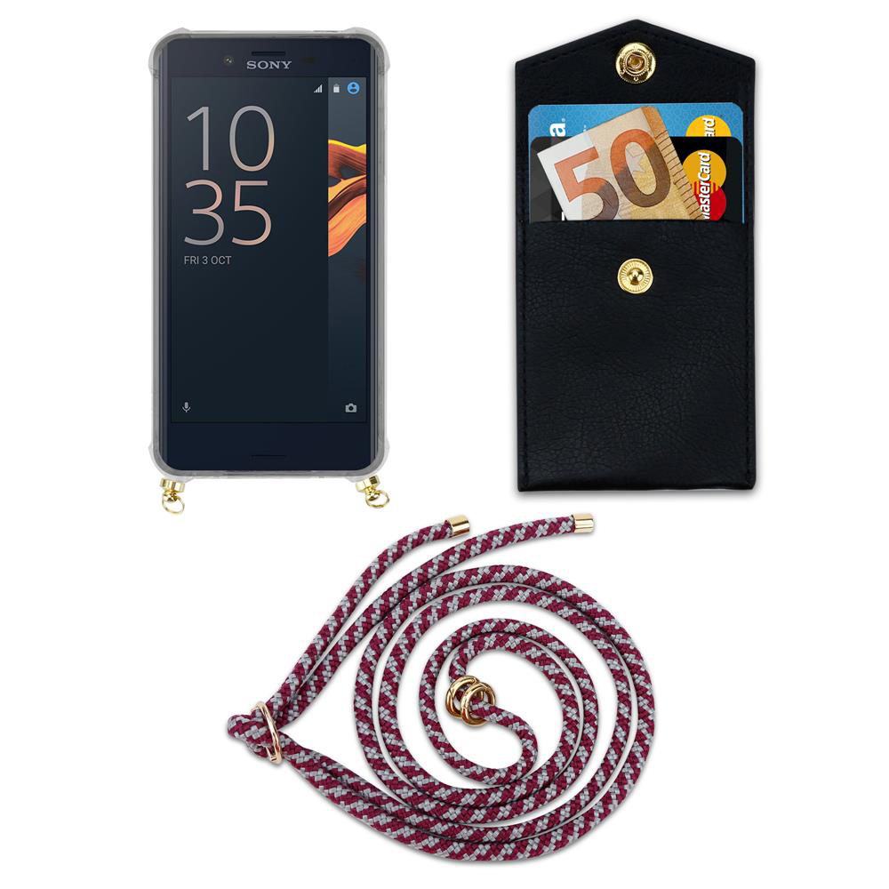 Teléfono inteligente en funda, bolsa negra con dinero/tarjetas, cordón.