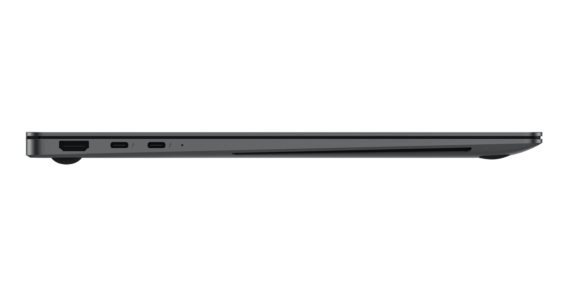 Profilo laptop grigio con porte HDMI e USB-C.