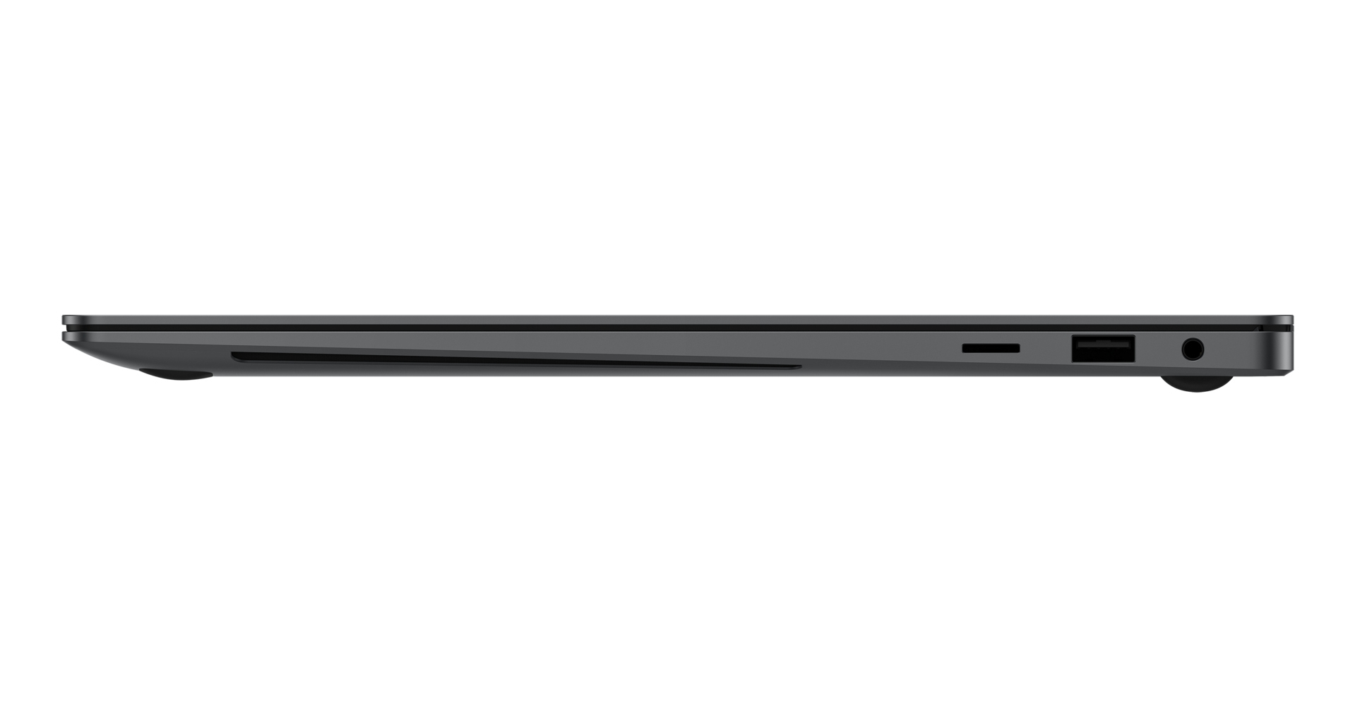 Profilo laptop grigio con porte: slot SD card, USB-A, jack cuffie.