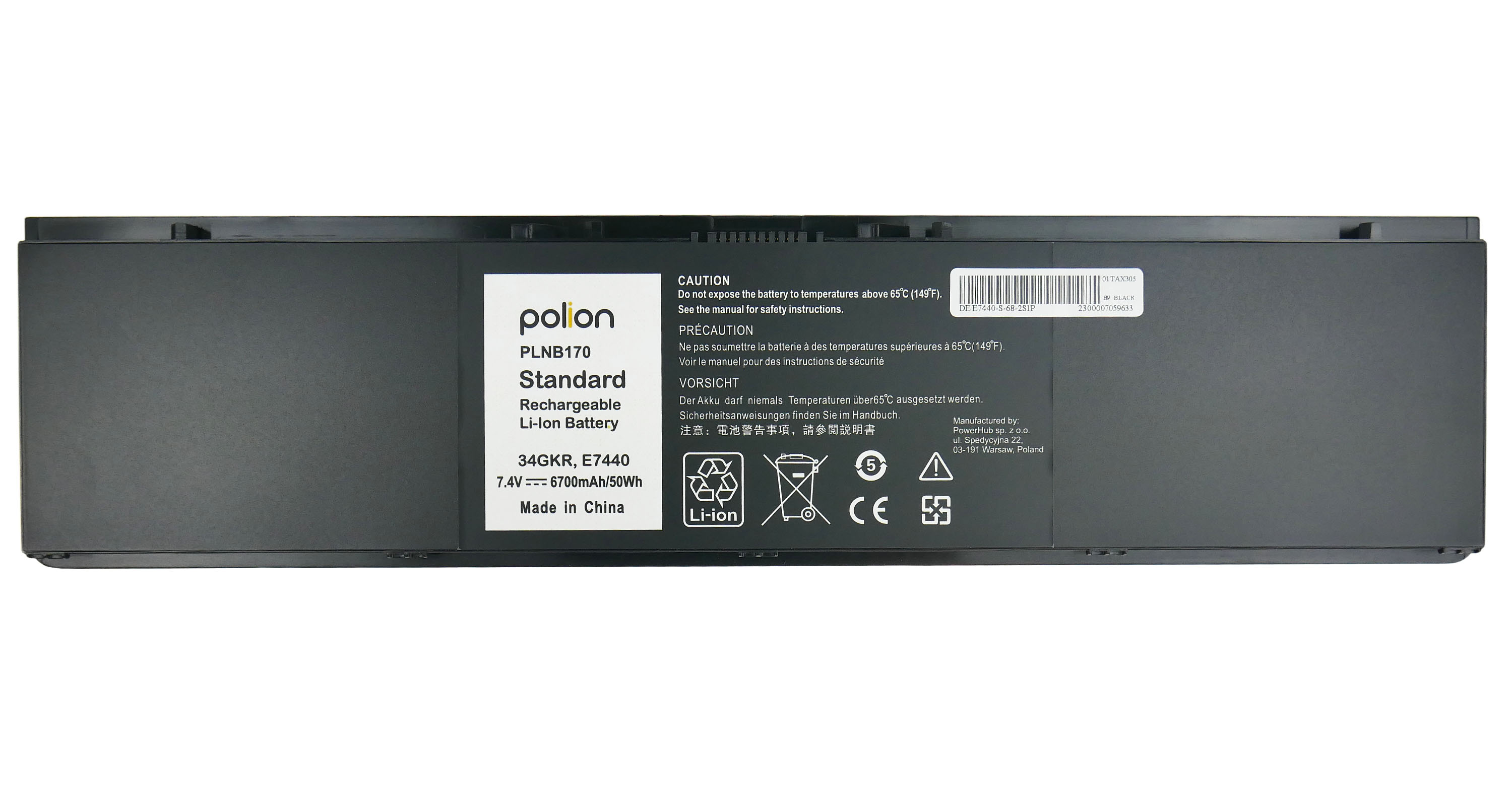 Czarna bateria Li-Ion, Polion PLNB170, 7.4V, 6700mAh, Wyprodukowano w Chinach.